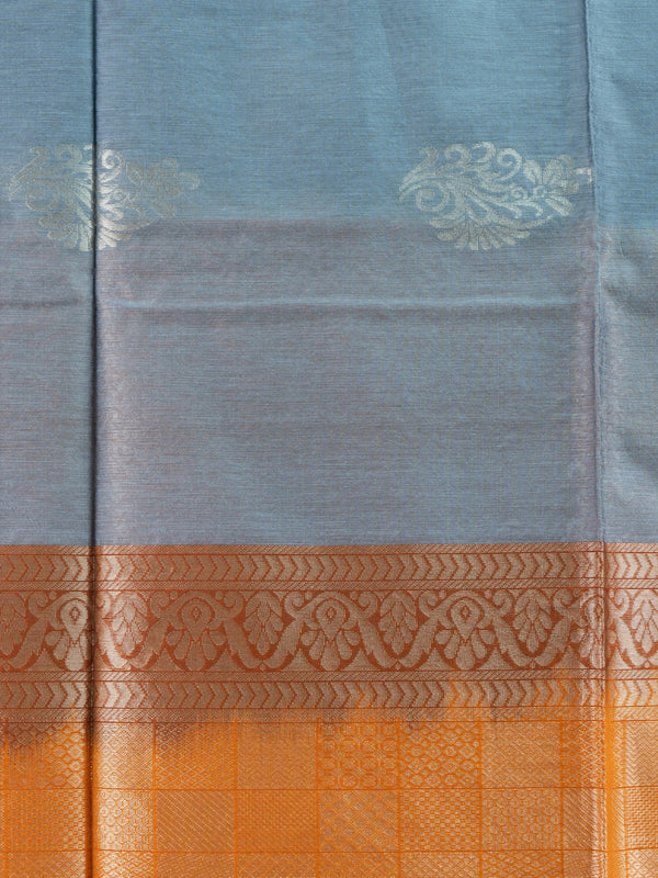 Grey silk cotton saree with mustard-orange contrast zari border and gold buttas