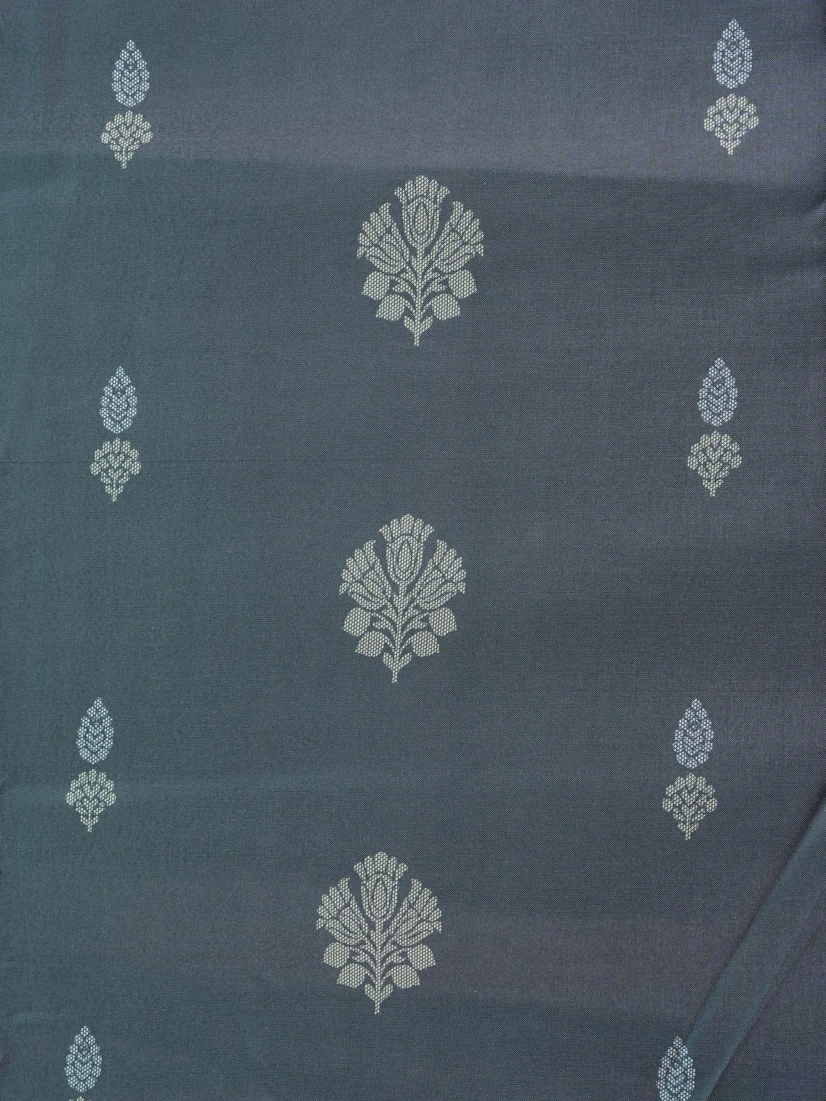 Grey Dola silk saree with cream gold zari border and floral buttis