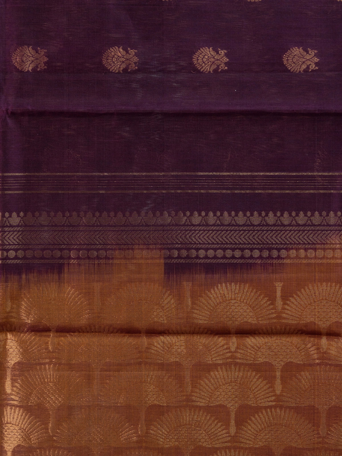 Purple pure silk cotton saree with copper zari buttas and contrast copper-gold zari border and pallu