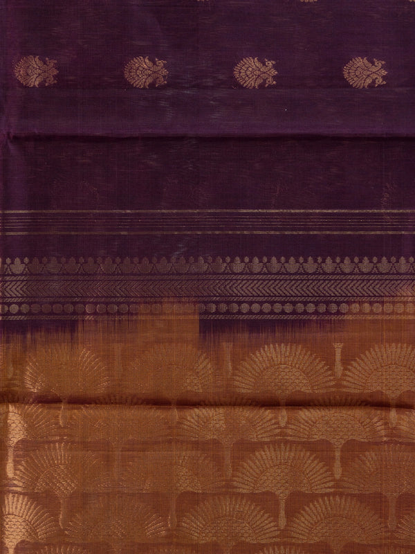Purple pure silk cotton saree with copper zari buttas and contrast copper-gold zari border and pallu
