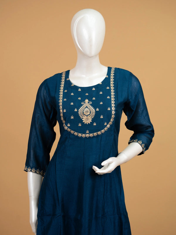 Teal Blue Zari Embroidered Art Silk Anarkali Kurti Set with gold embroidered yoke and striped dupatta