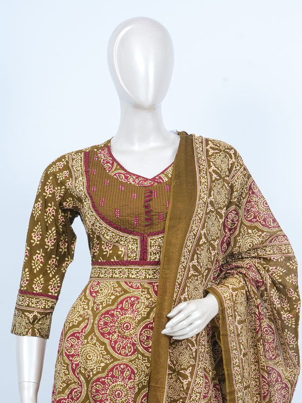Mehendi green Ajrakh print cotton kurti set with maroon prints and matching dupatta