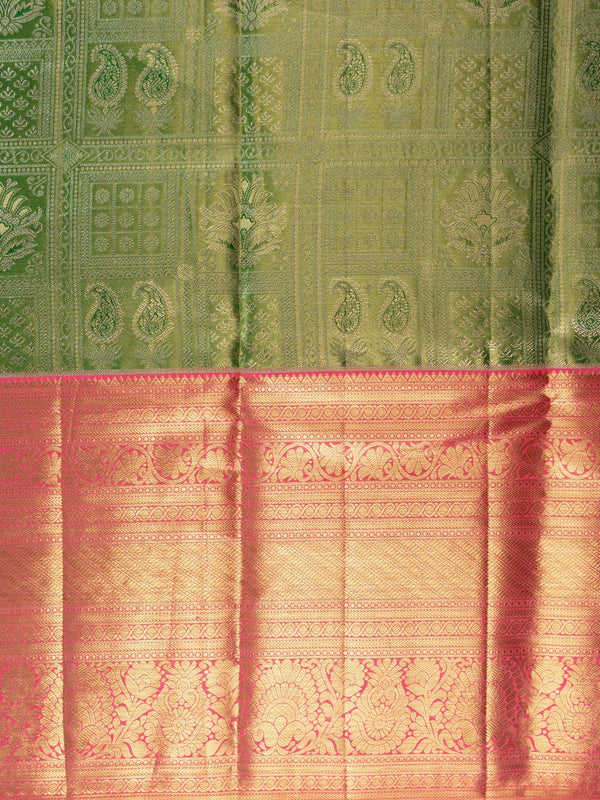 Green pure Kanchipuram silk saree with contrast pink border and gold zari brocade body and pallu