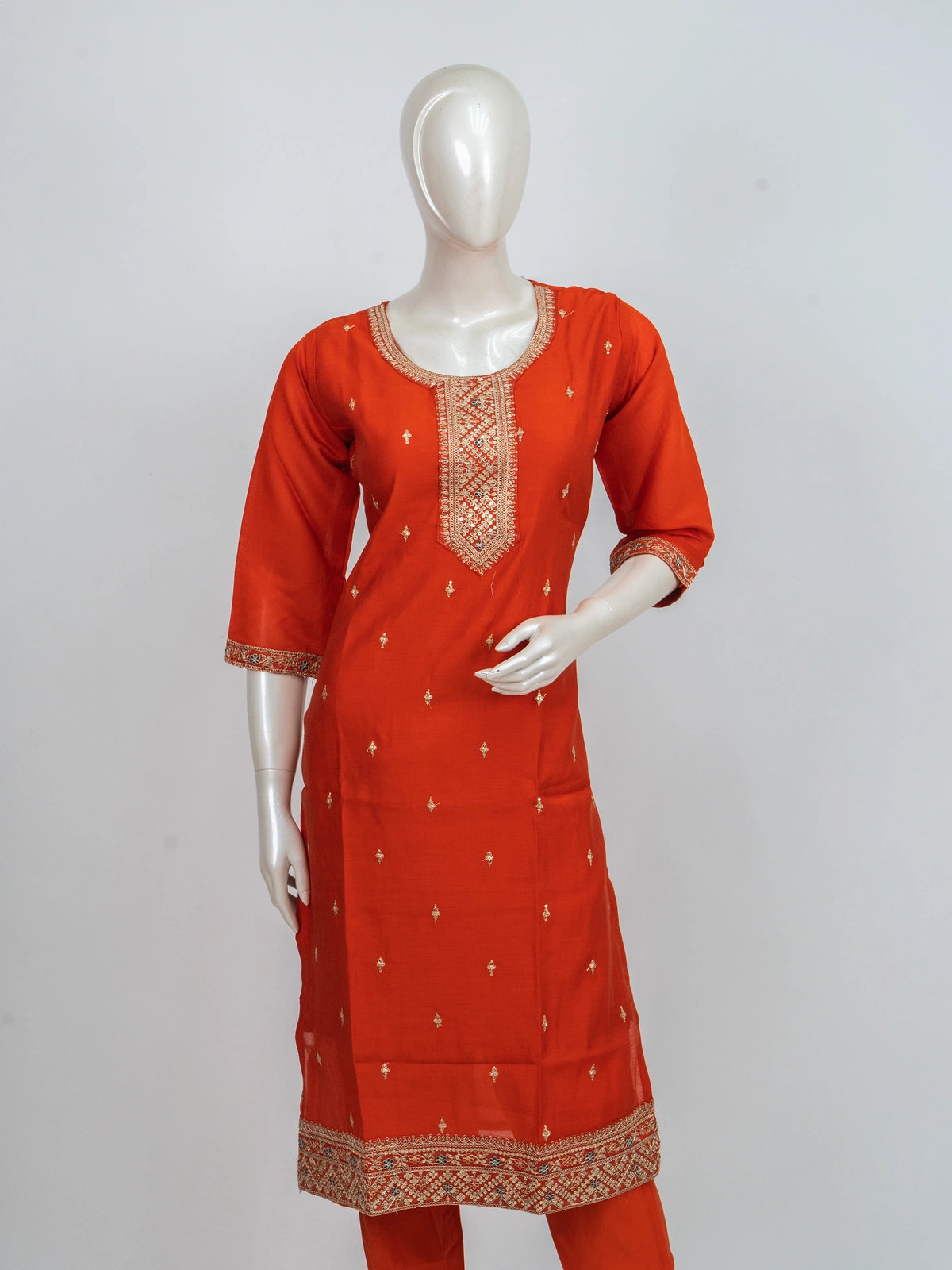 Orange silk blend zari embroidered straight cut kurti set with floral dupatta