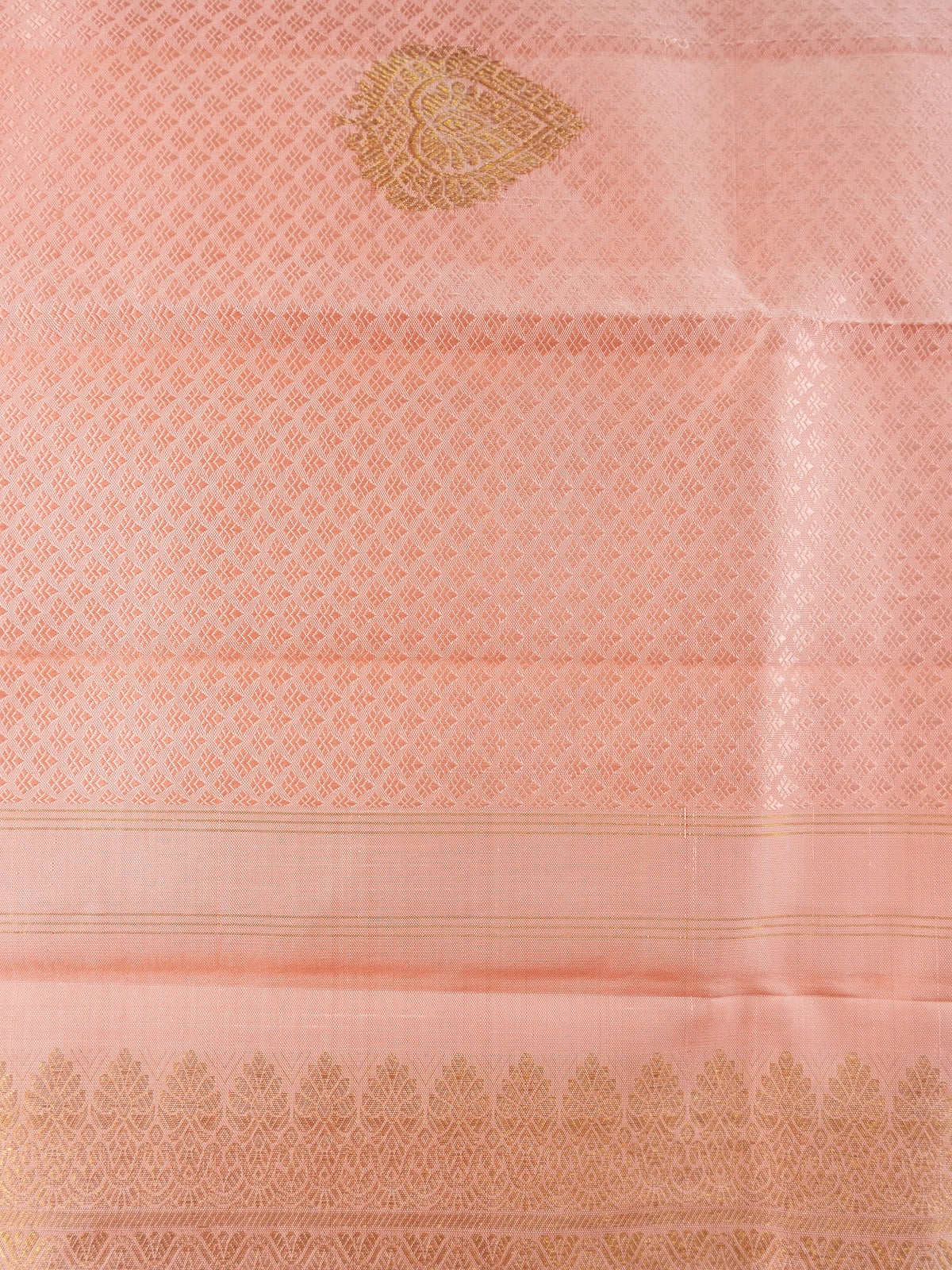 Peach pure Kanchipuram silk saree with gold zari buttas, contrast zari border and woven pallu