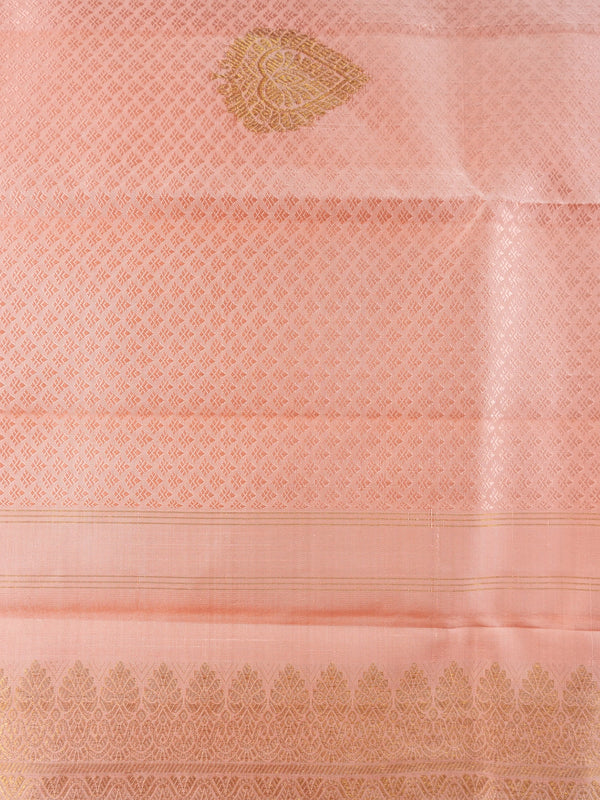 Peach pure Kanchipuram silk saree with gold zari buttas, contrast zari border and woven pallu