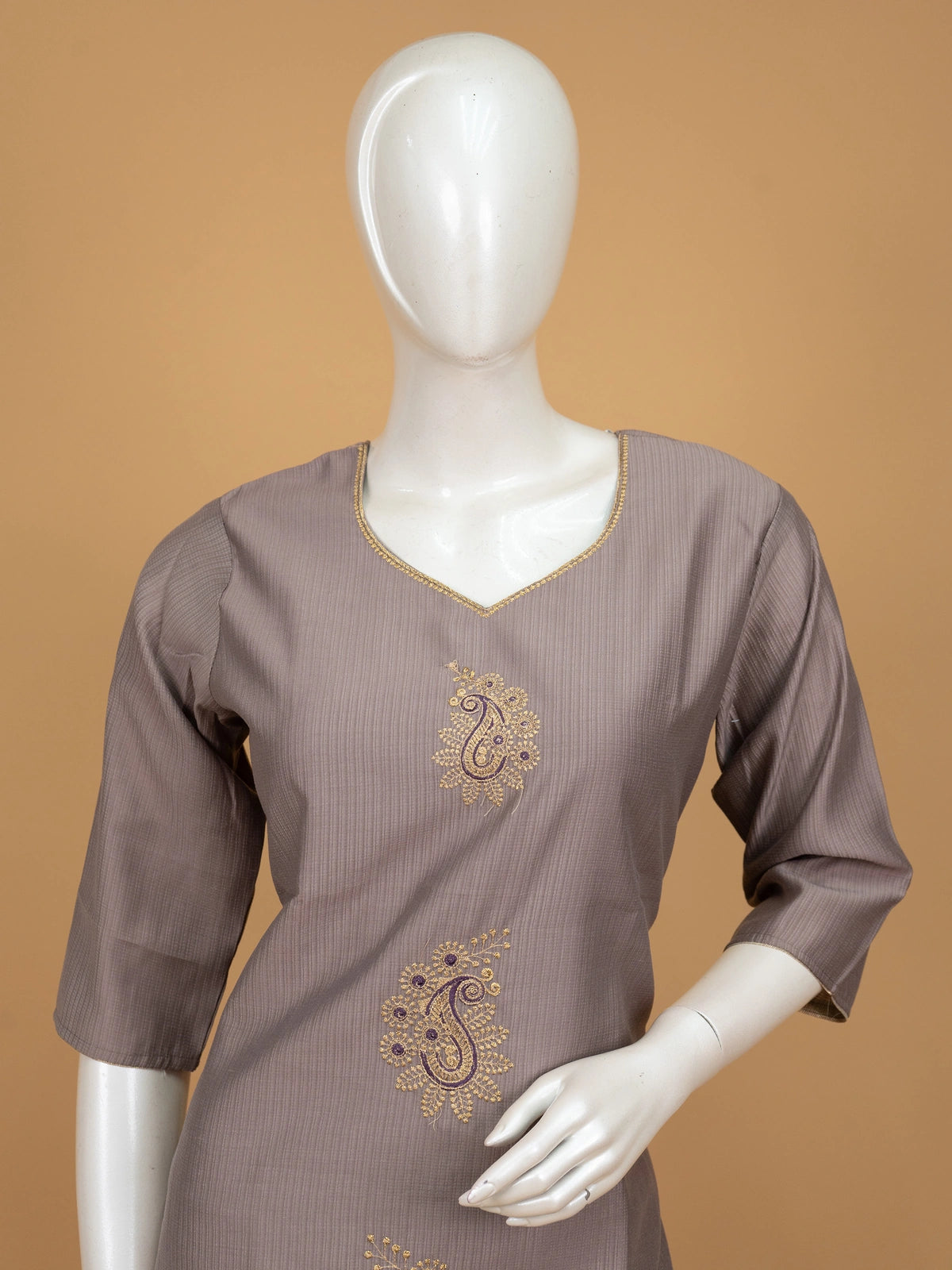 Mauve Grey paisley embroidered cotton straight cut kurti top with gold lace neckline