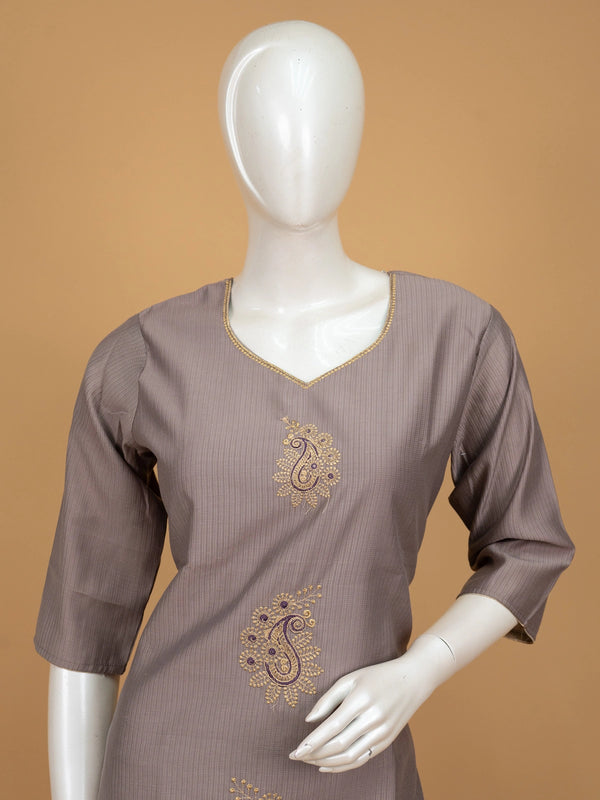 Mauve Grey paisley embroidered cotton straight cut kurti top with gold lace neckline