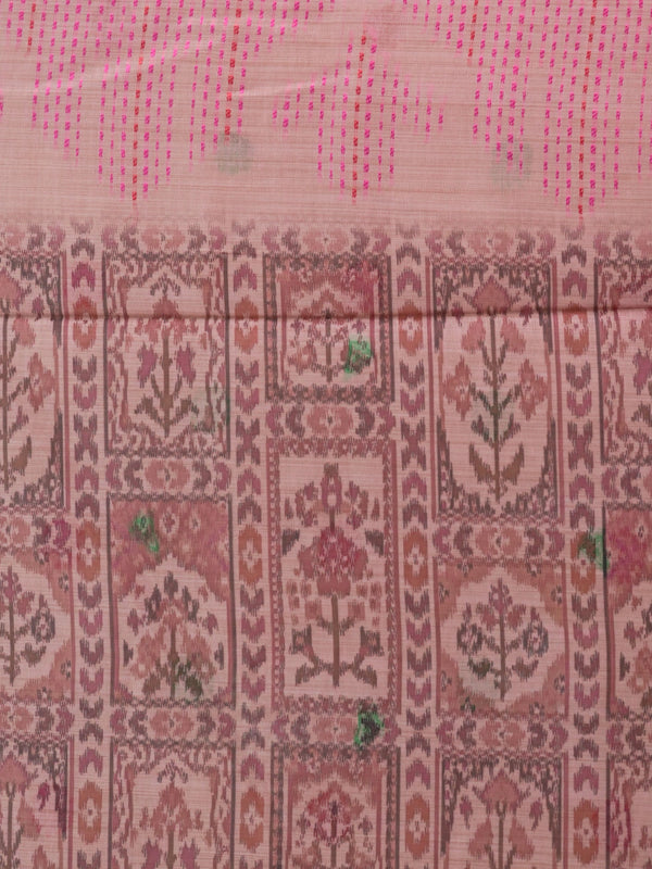Dusty pink linen cotton saree with ikat patola body and Madhubani bird pallu