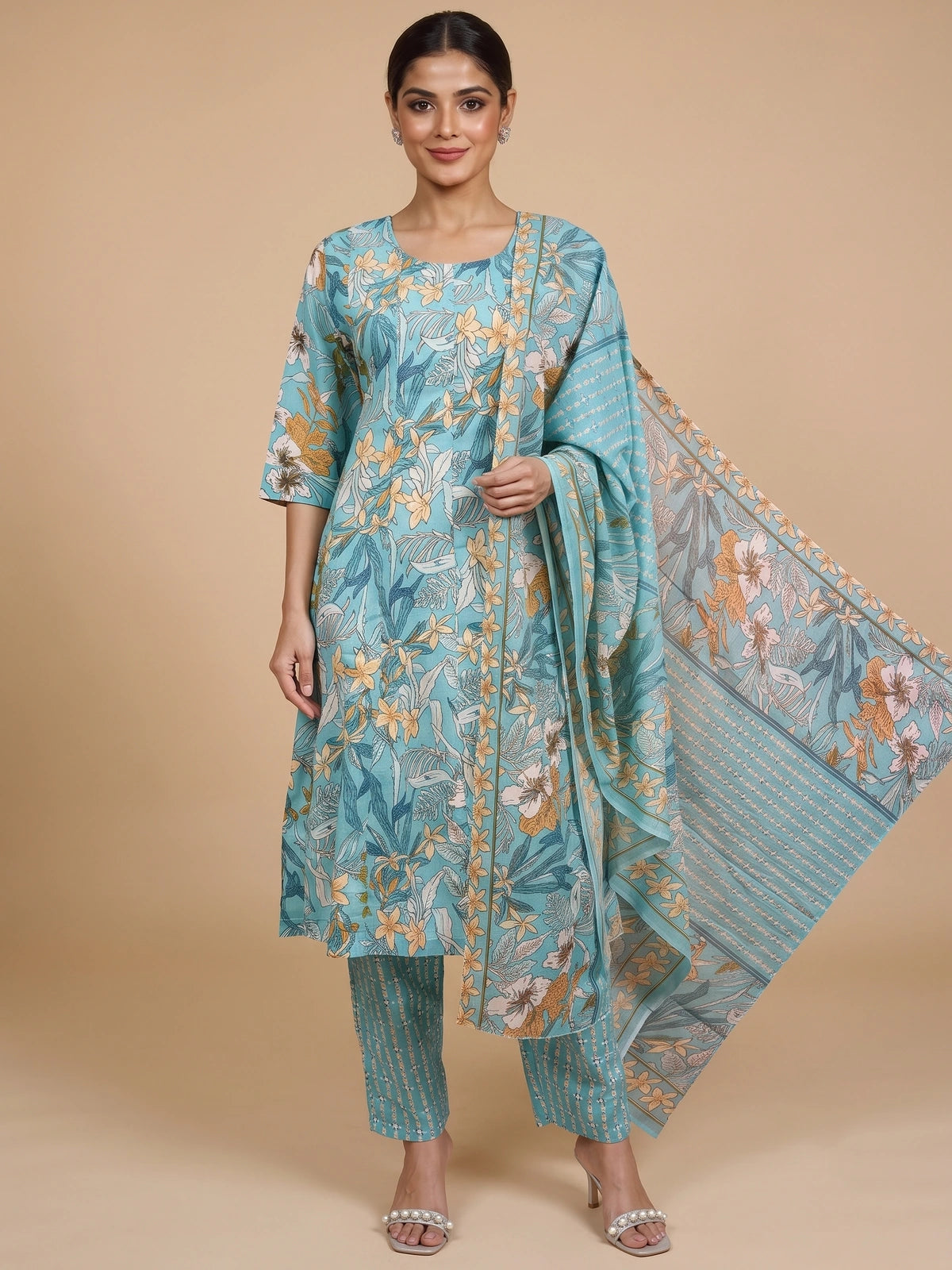 Turquoise floral printed cotton kurti set with matching pants and printed dupatta