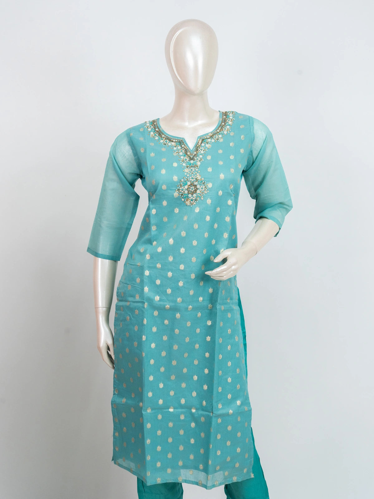 Turquoise zari embellished Chanderi silk straight cut kurti set with matching pants and gold zari dupatta