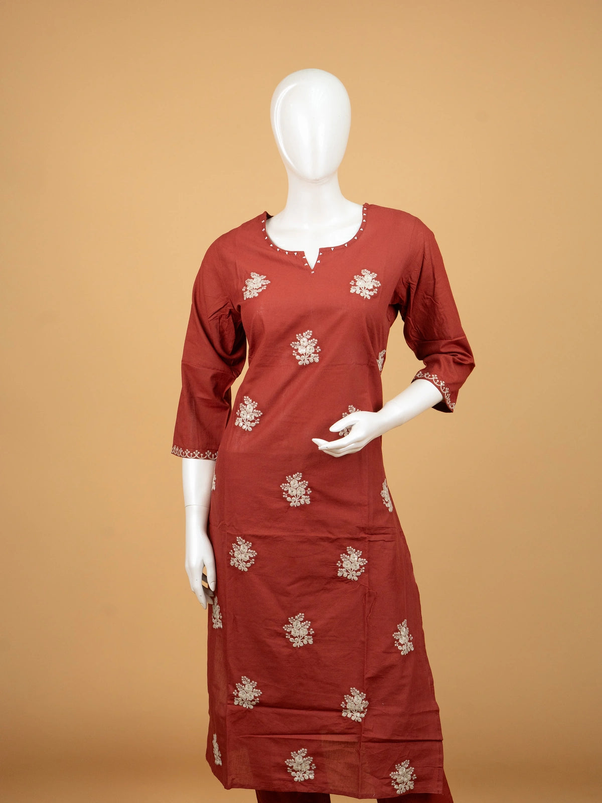 Rust Red Cotton Floral Embroidered Straight Cut Kurti Set with Dupatta