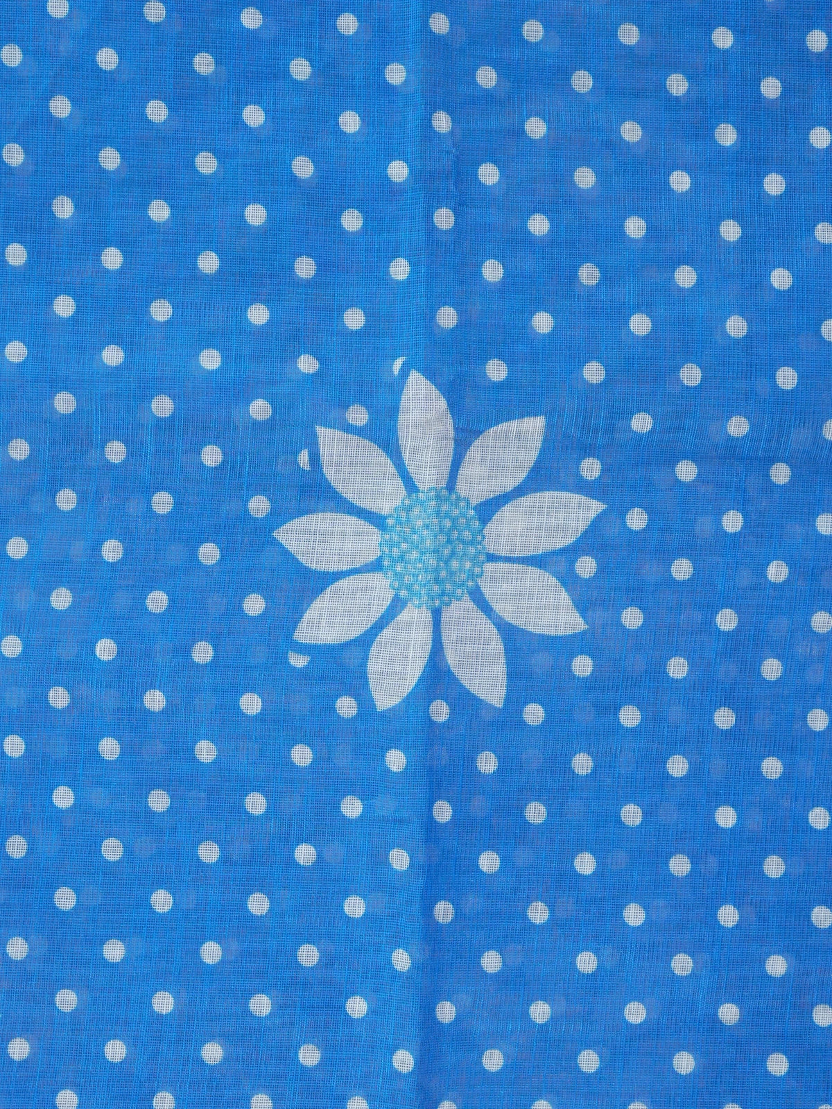 Bright blue linen cotton saree with white polka dots, daisy floral motifs and silver zari border