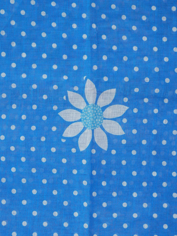 Bright blue linen cotton saree with white polka dots, daisy floral motifs and silver zari border