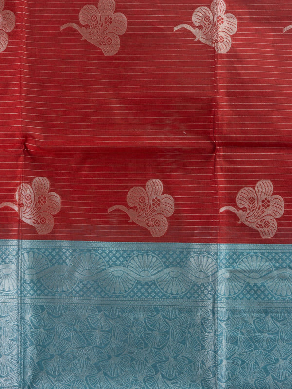 Maroon silk cotton saree with silver zari stripes, floral butta and contrast teal blue zari border