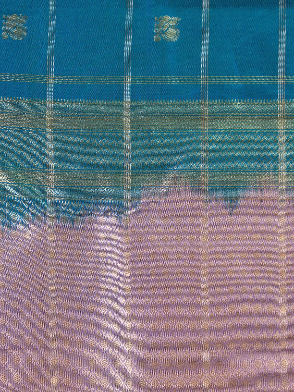 Peacock blue pure Kanchipuram silk saree with gold zari checks and contrast lavender zari border