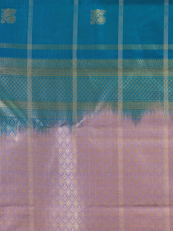 Peacock blue pure Kanchipuram silk saree with gold zari checks and contrast lavender zari border