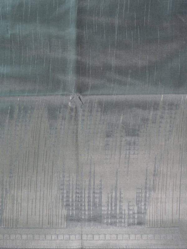 Grey semi tussar saree with silver zari border and temple-motif pallu