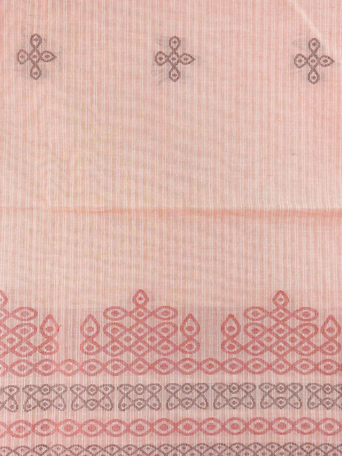 Pale pink and rust semi raw silk saree with kolam motifs and contrast patterned border