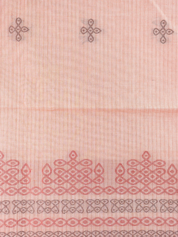 Pale pink and rust semi raw silk saree with kolam motifs and contrast patterned border