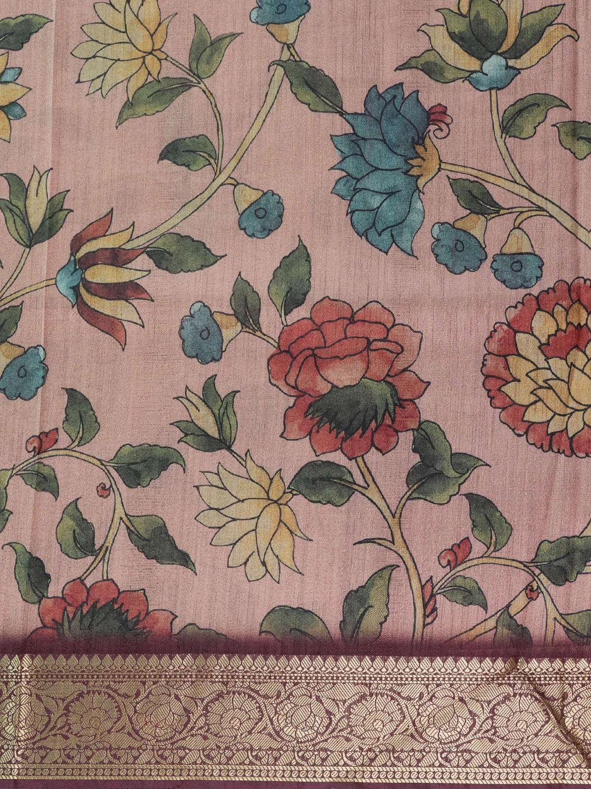 Dusty rose semi tussar saree with Kalamkari floral print, peacock pallu and maroon gold zari border
