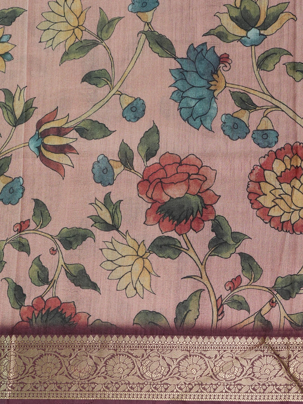 Dusty rose semi tussar saree with Kalamkari floral print, peacock pallu and maroon gold zari border