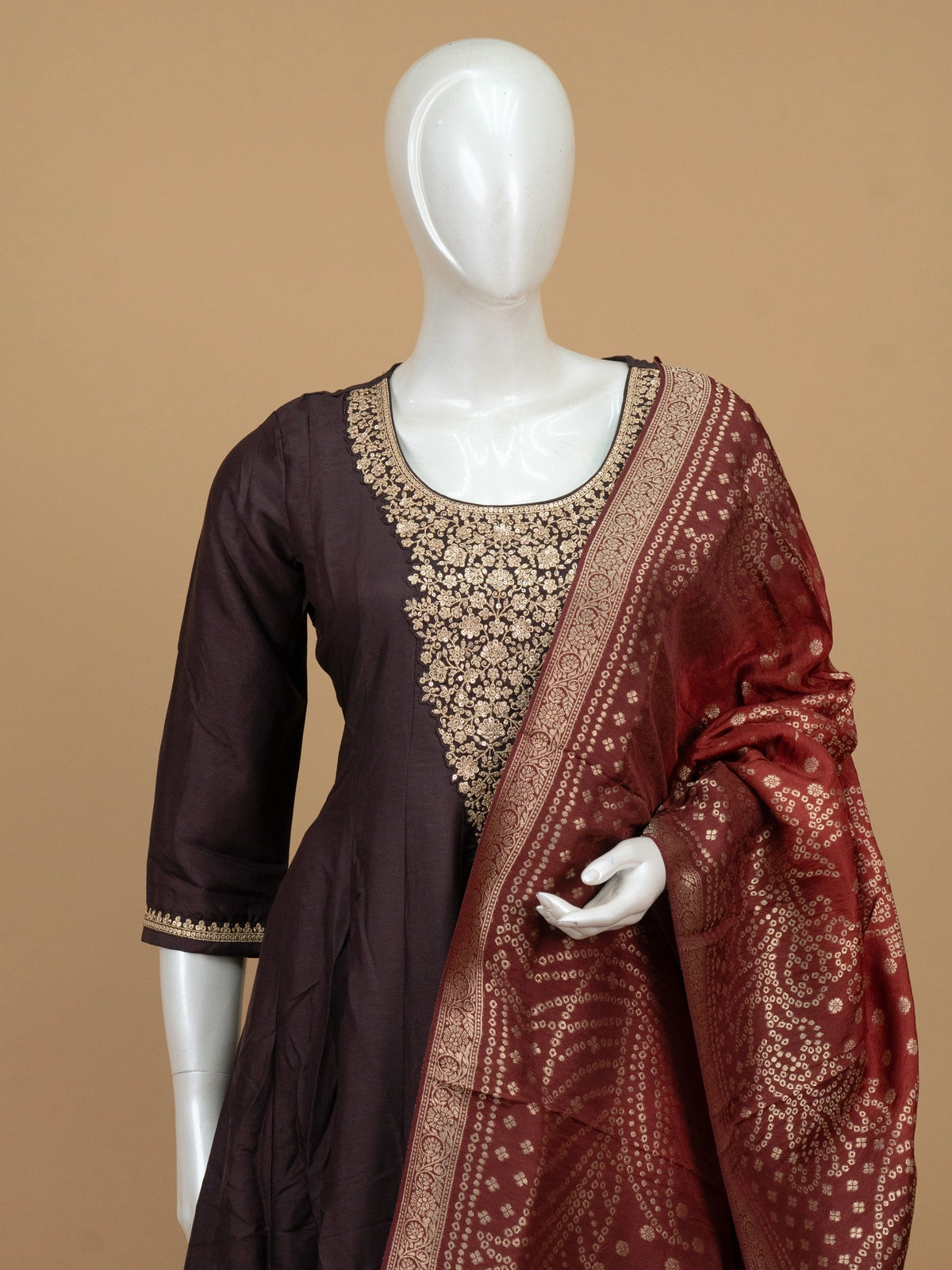 Dark Brown Zari Embroidered Anarkali Kurti Set with Maroon Bandhani Dupatta
