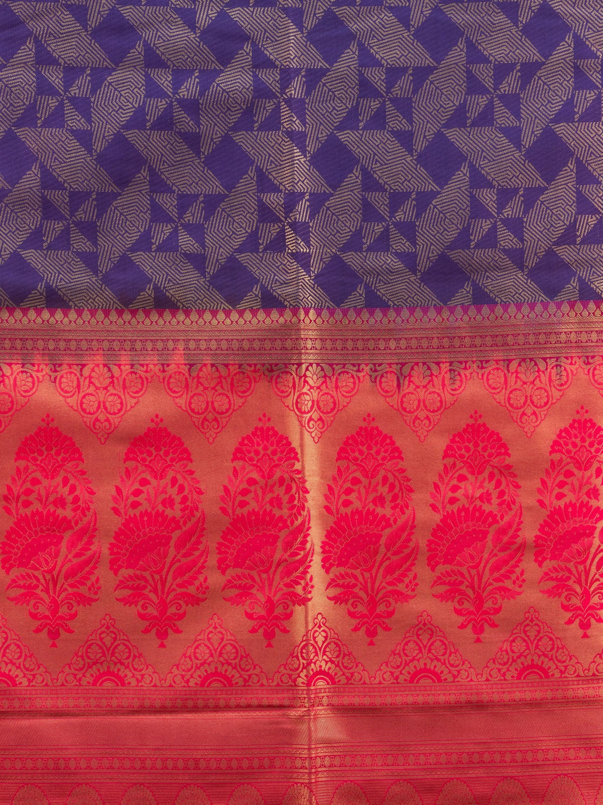 Purple Kanchipuram Fancy Silk saree with gold zari geometric body and contrast pink-red floral border and pallu