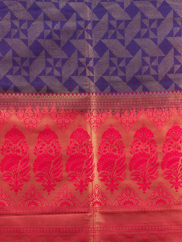 Purple Kanchipuram Fancy Silk saree with gold zari geometric body and contrast pink-red floral border and pallu