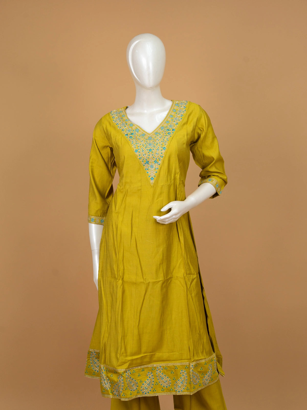 Mustard Yellow embroidered art silk A-line kurti set with turquoise neckline embroidery and paisley print dupatta