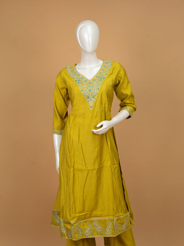 Mustard Yellow embroidered art silk A-line kurti set with turquoise neckline embroidery and paisley print dupatta