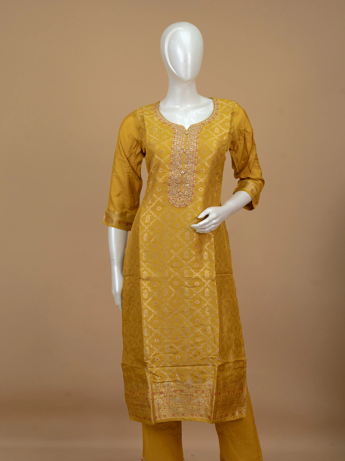 Mustard yellow zari woven silk embroidered straight cut kurti set with floral printed dupatta