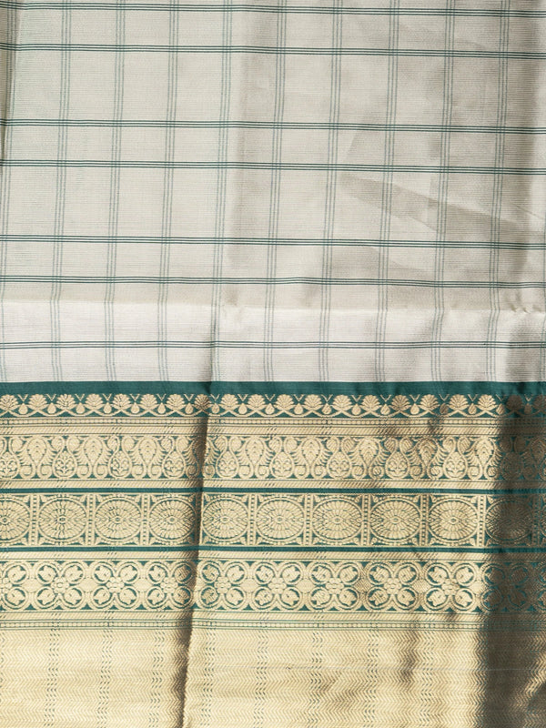 Grey and green checked Kanchi semi silk saree with green and gold zari border