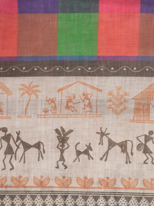 Multicolour checked linen cotton saree with cream Warli-art printed border and pallu