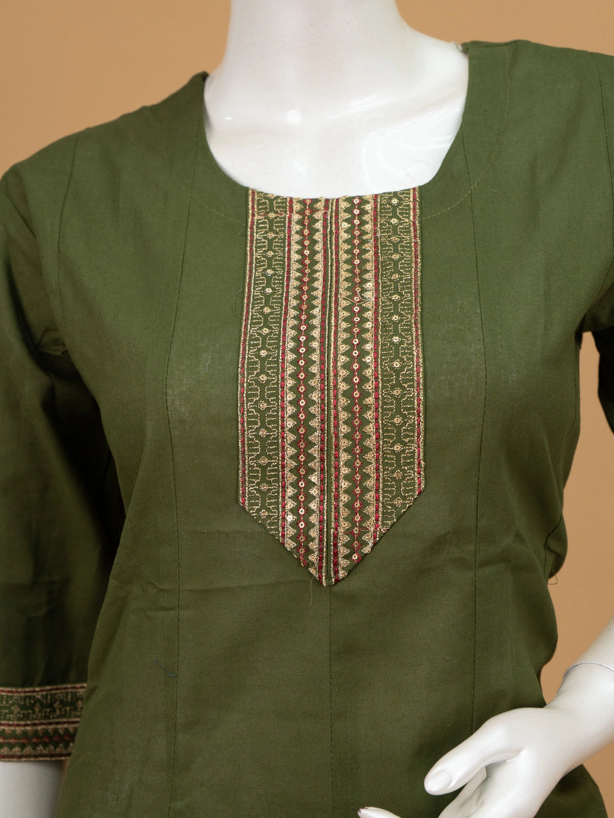 Mehendi green cotton Anarkali kurti top with gold zari embroidered front placket and 3/4th sleeves