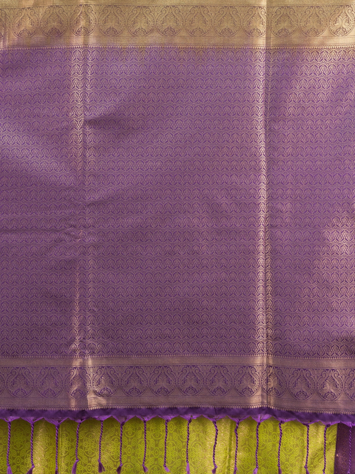 Lime green Kanchipuram Fancy Silk saree with contrast purple gold zari border and pallu