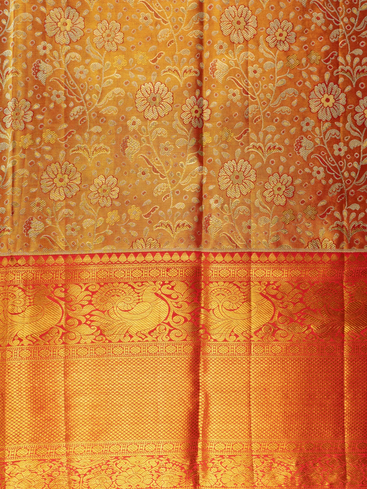 Mustard gold pure Kanchipuram silk saree with floral zari jaal body and contrast red gold zari border