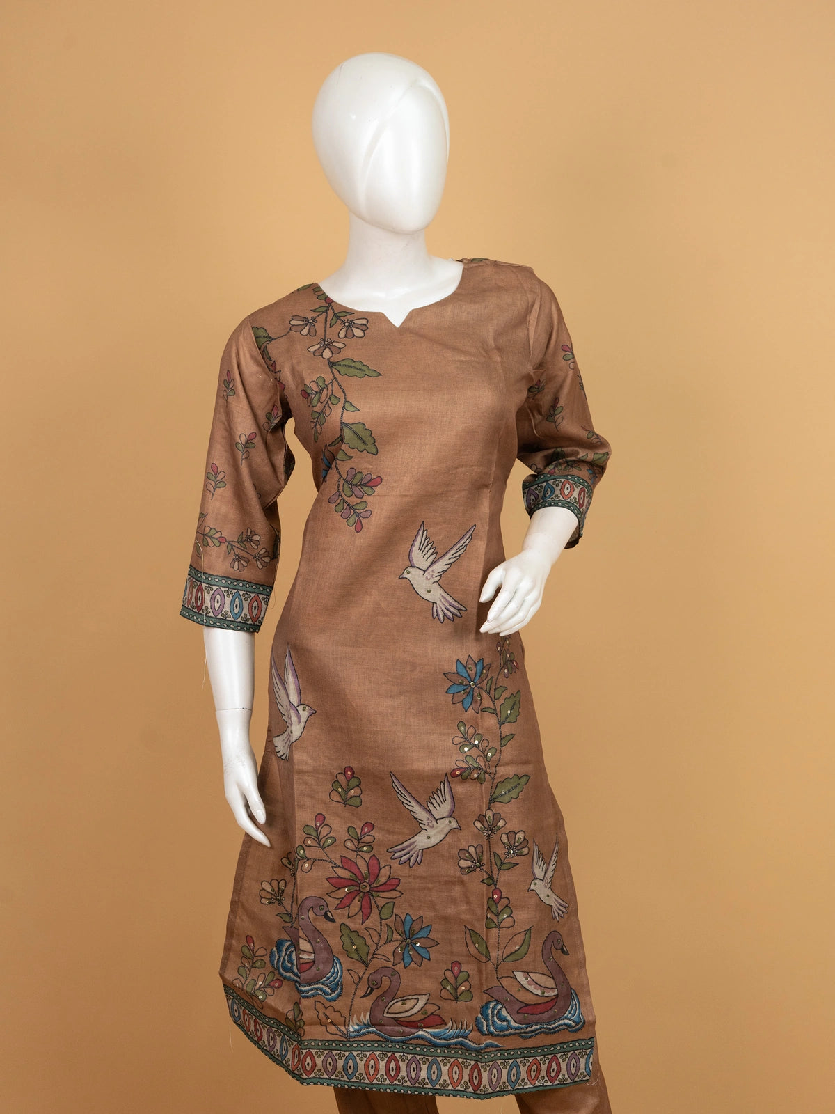 Brown Kalamkari bird print cotton straight cut kurti set with dupatta and pants