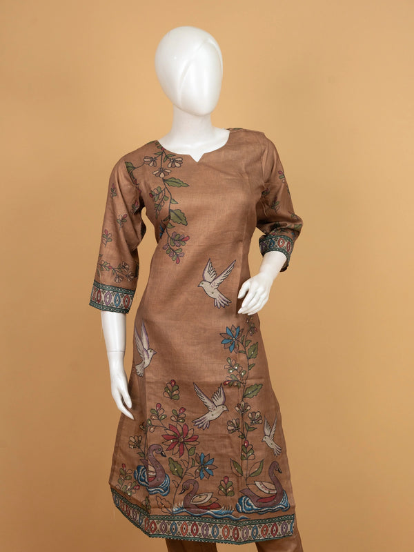 Brown Kalamkari bird print cotton straight cut kurti set with dupatta and pants
