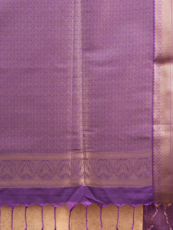 Beige Kanchipuram Fancy Silk saree with contrast purple and gold zari border and pallu