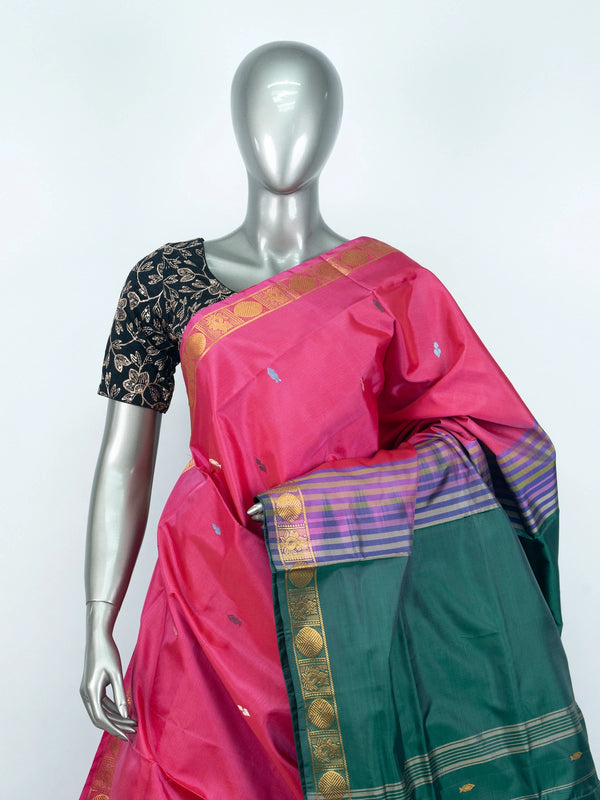 Pink Banana Silk saree with contrast green pallu and gold zari border