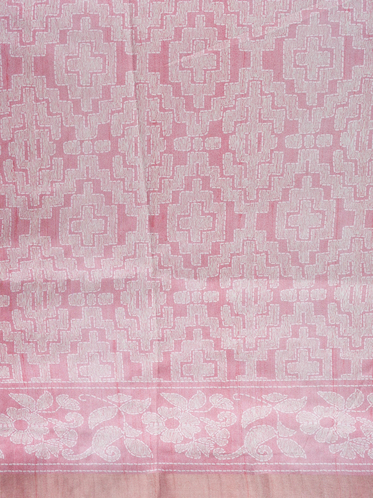 Rose pink Dola silk saree with white woven floral and geometric motifs and tissue border