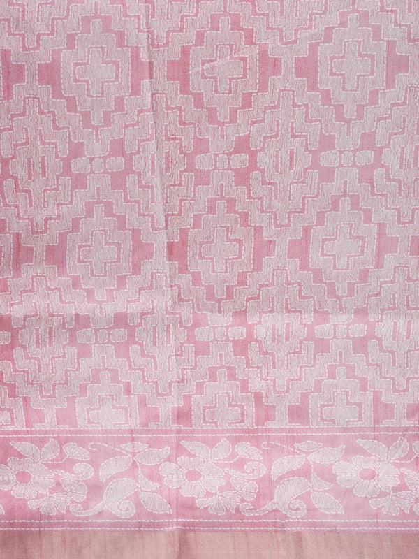 Rose pink Dola silk saree with white woven floral and geometric motifs and tissue border