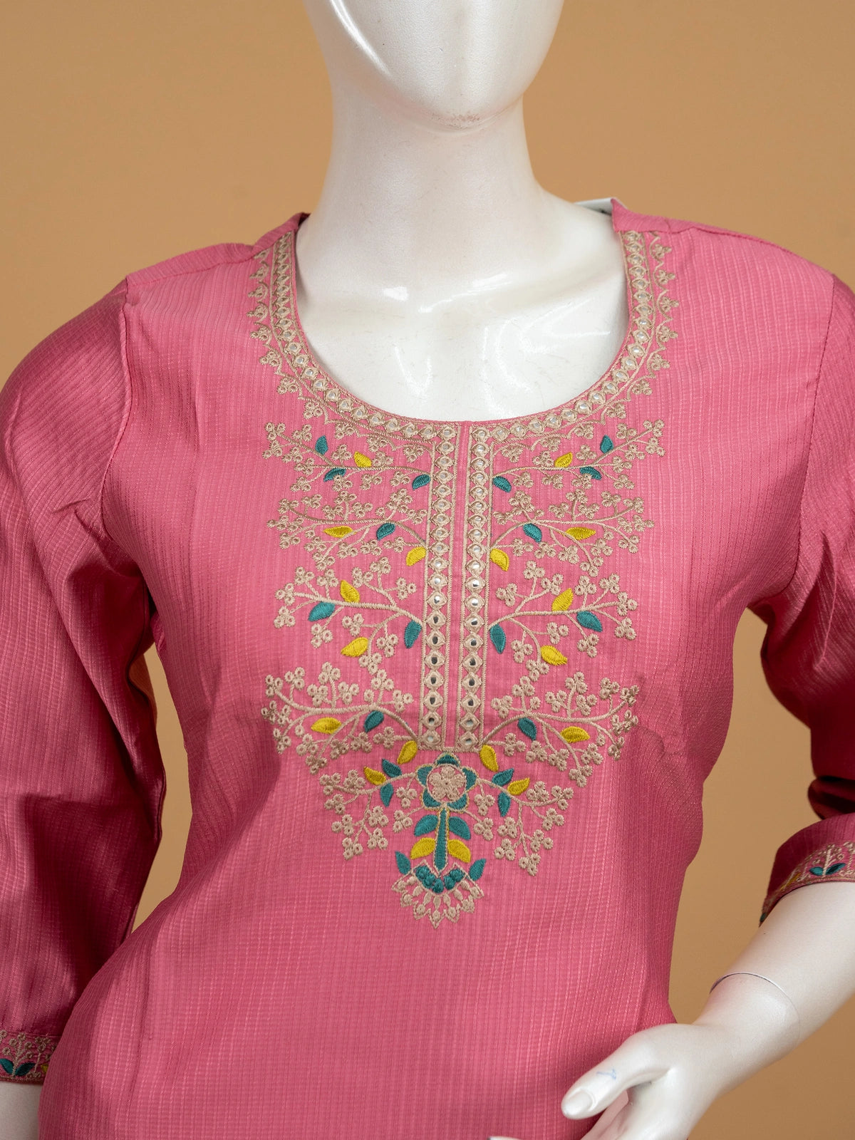 Pink floral embroidered cotton straight-cut kurti top with mirror and sequin yoke work