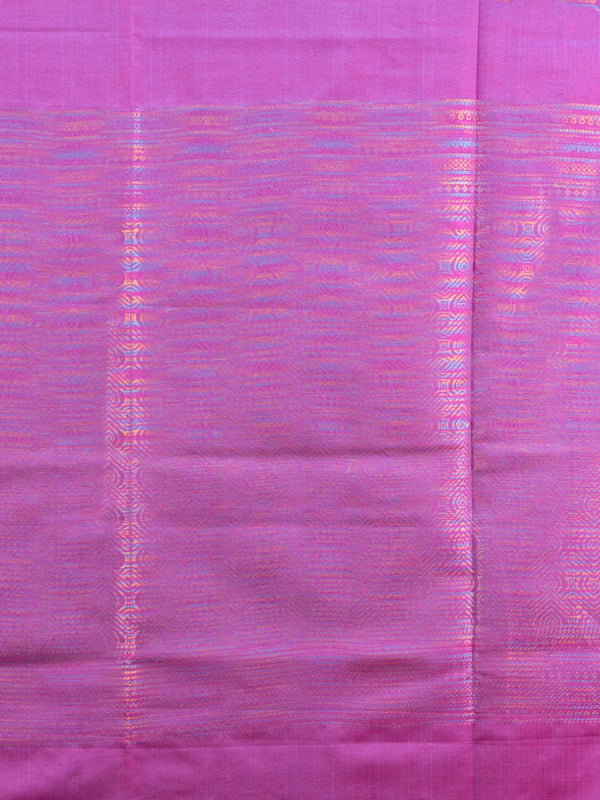 Magenta purple Kanchipuram Fancy Silk saree with multicolour zari buttas, contrast border and tasselled pallu