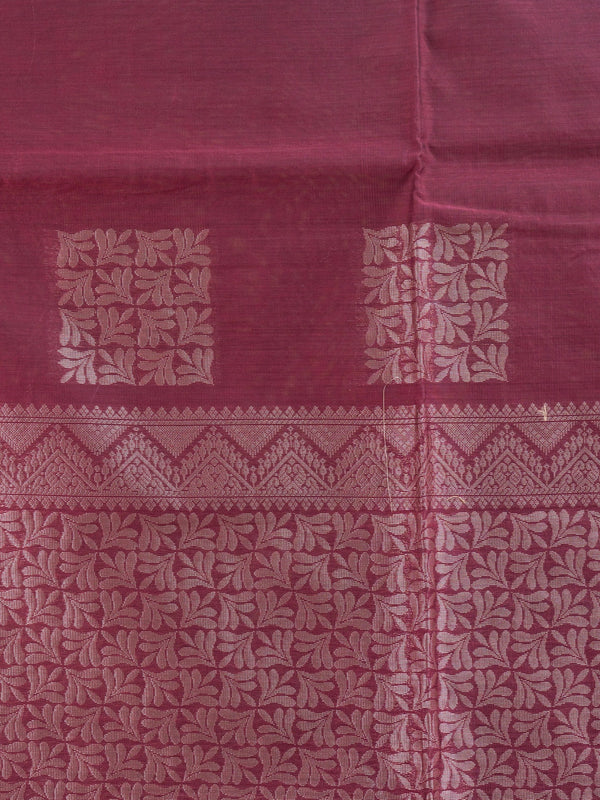Maroon silk cotton saree with silver zari buttas and contrast woven border