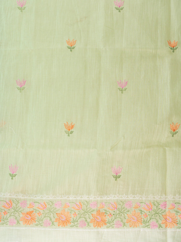 Pastel green linen cotton saree with pink and orange floral embroidery and cream contrast border