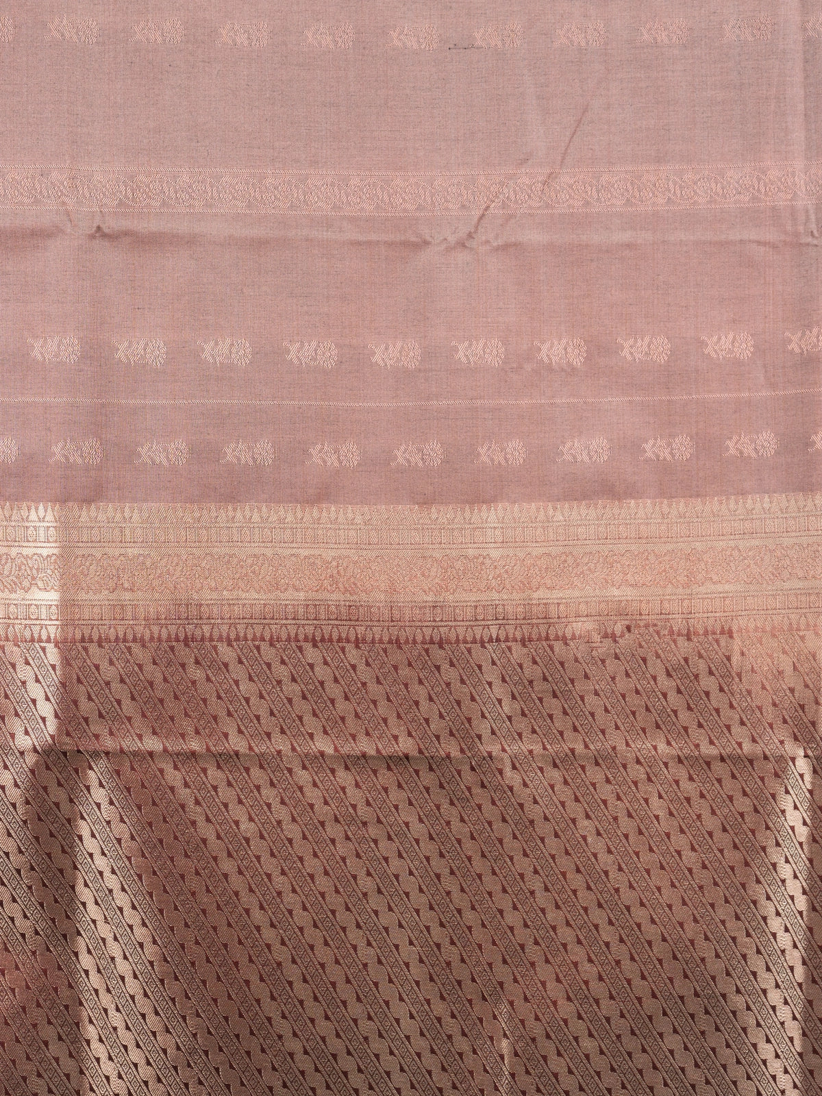 Mauve-brown semi silk saree with copper zari border and woven pallu