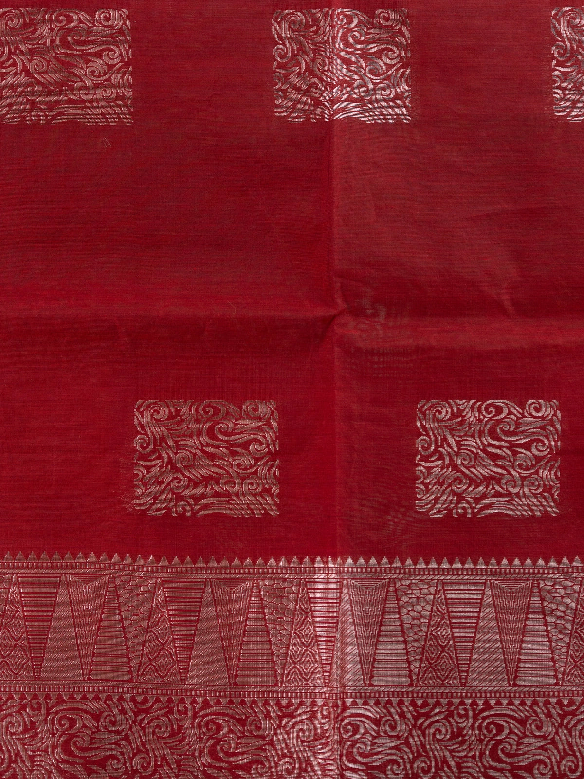 Maroon silk cotton saree with silver zari square buttas and woven pallu