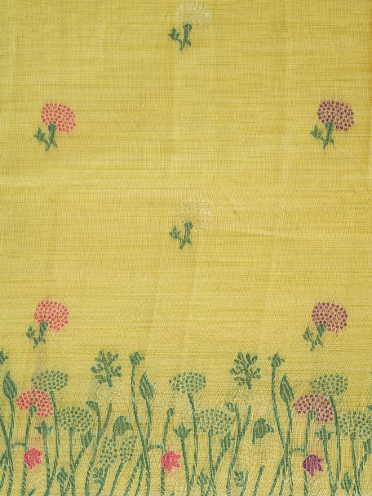 Yellow linen cotton saree with pink and purple floral motifs, floral meadow pallu and contrast green blouse